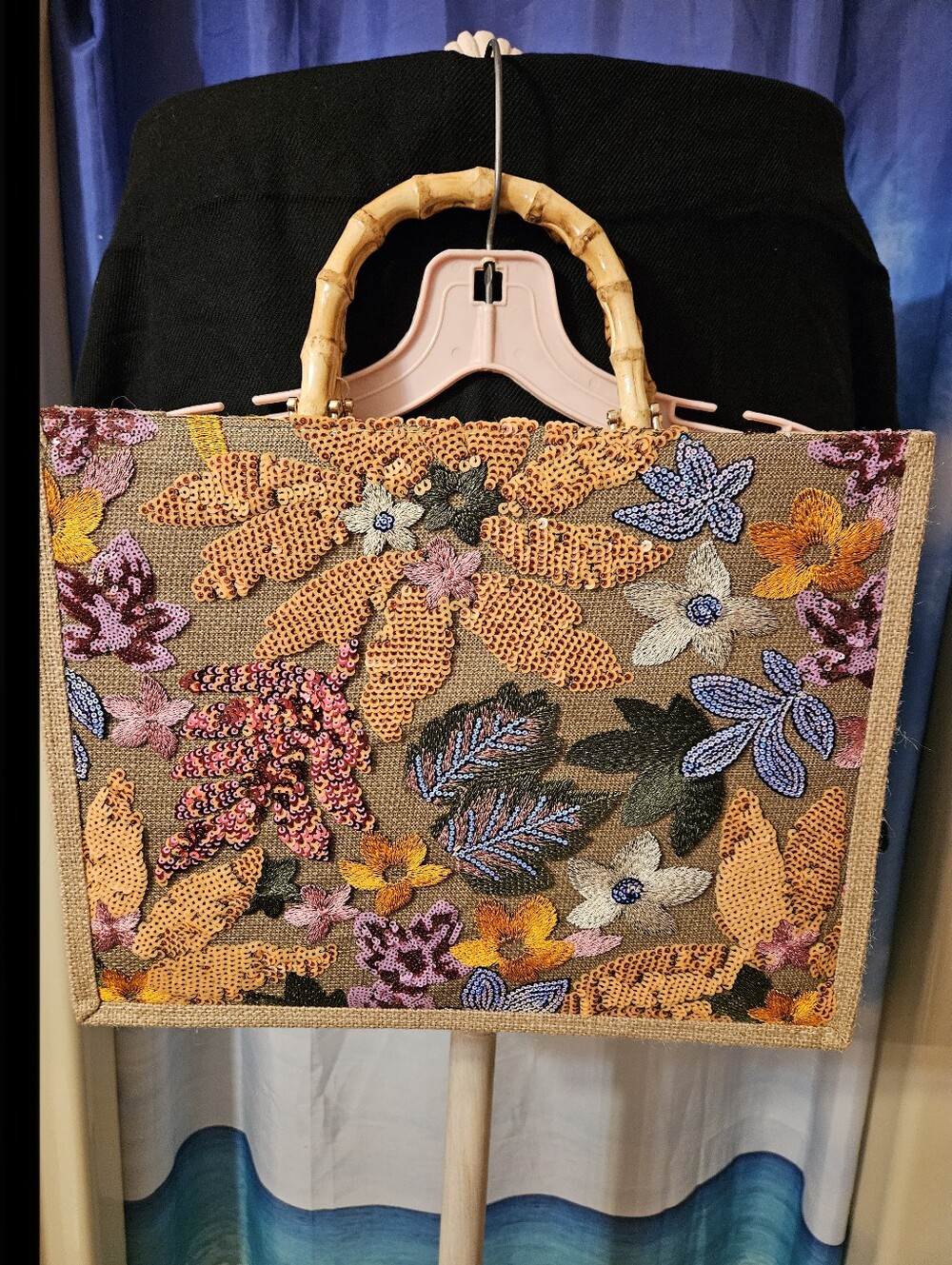 Embroidered Floral Sequin Tote Bag with Bamboo Handles - Multicolor